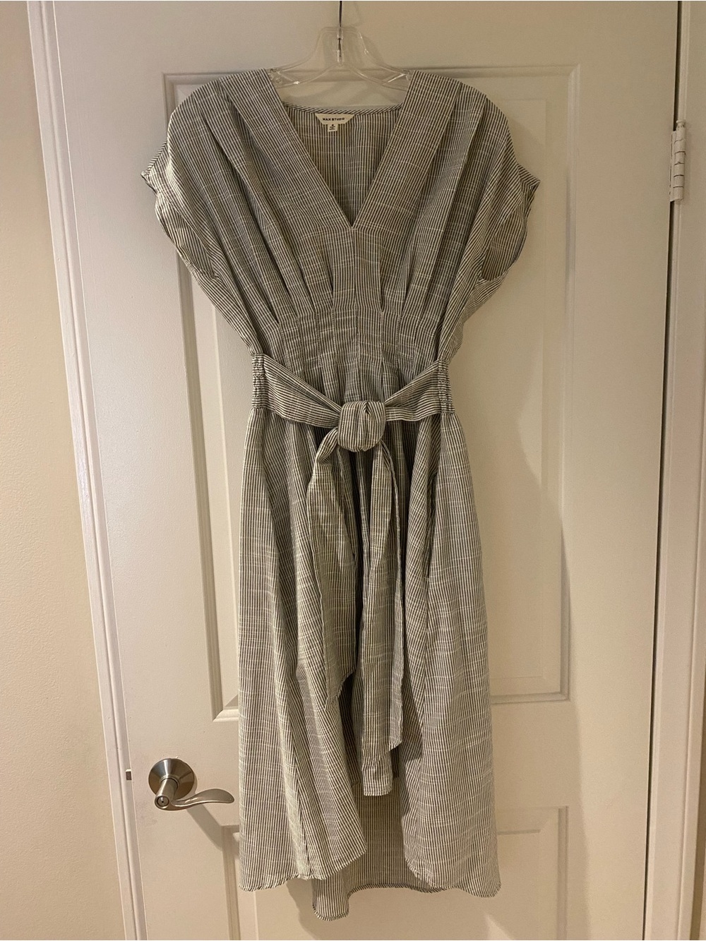 Max Studio Striped V-Neck Tie-Waist Midi Dress - Gray/White